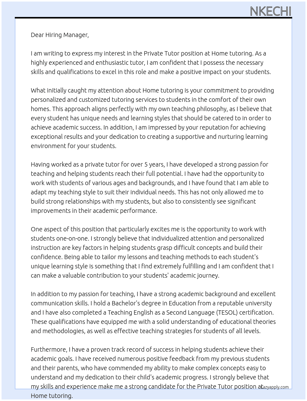 Private Tutor At Home tutoring  Cover Letter
