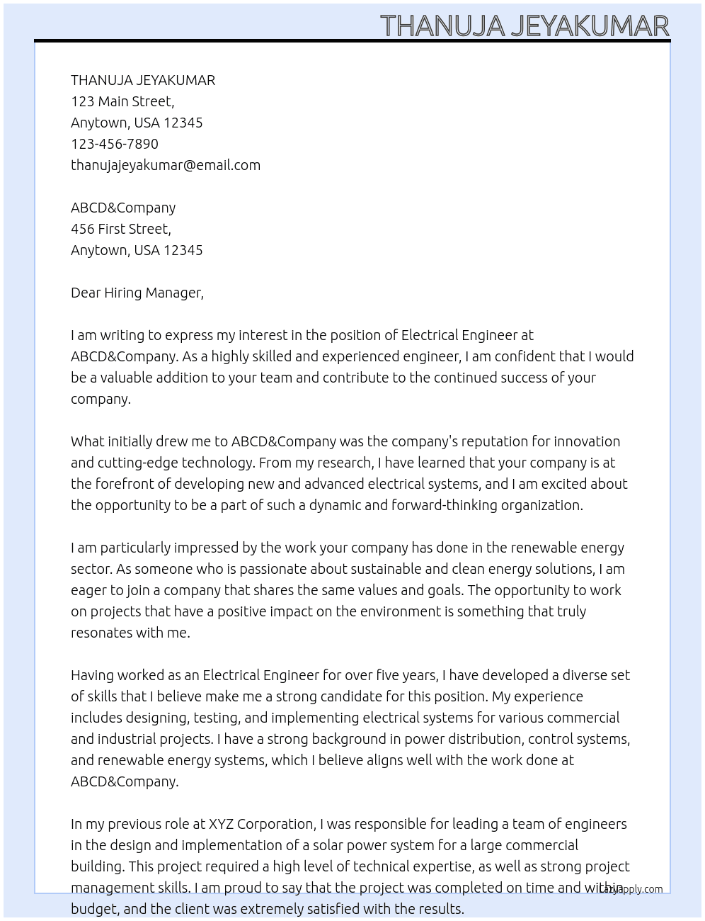 ELECTRICAL ENGINEER At ABCD&Company Cover Letter
