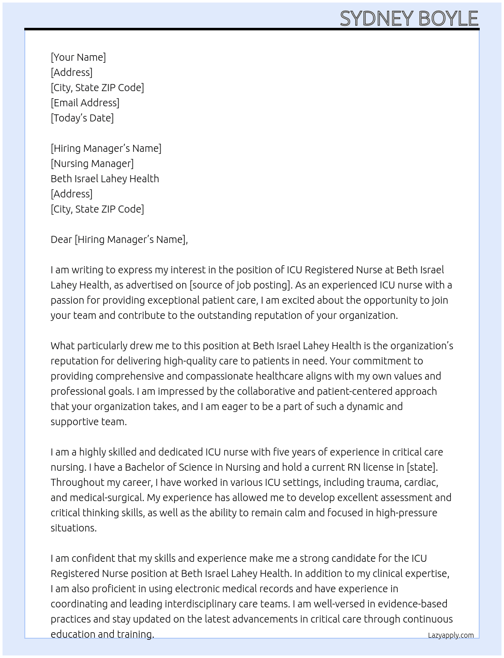 ICU Registered Nurse At Beth Israel Lahey Health Cover Letter