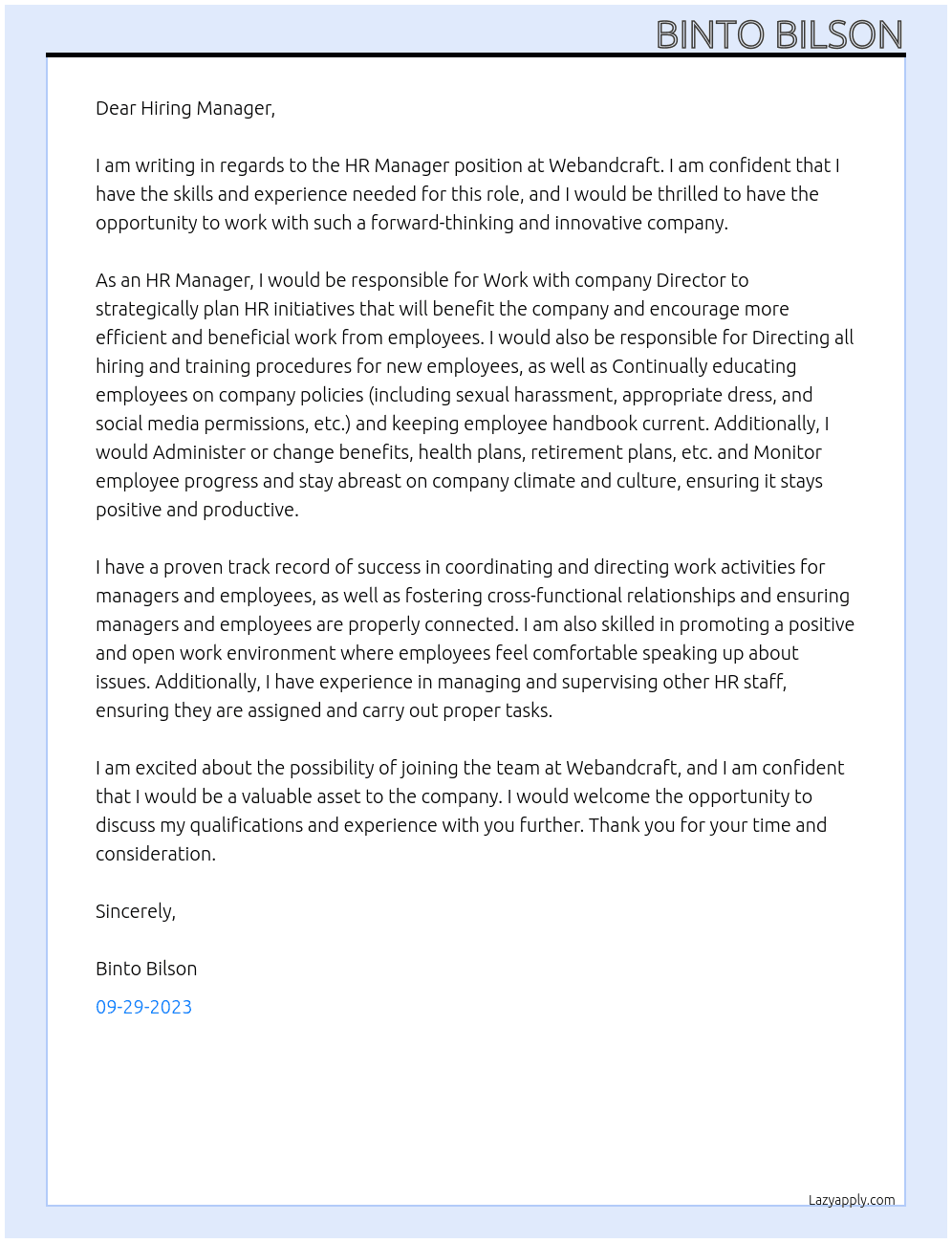 HR Manager At Webandcraft Cover Letter