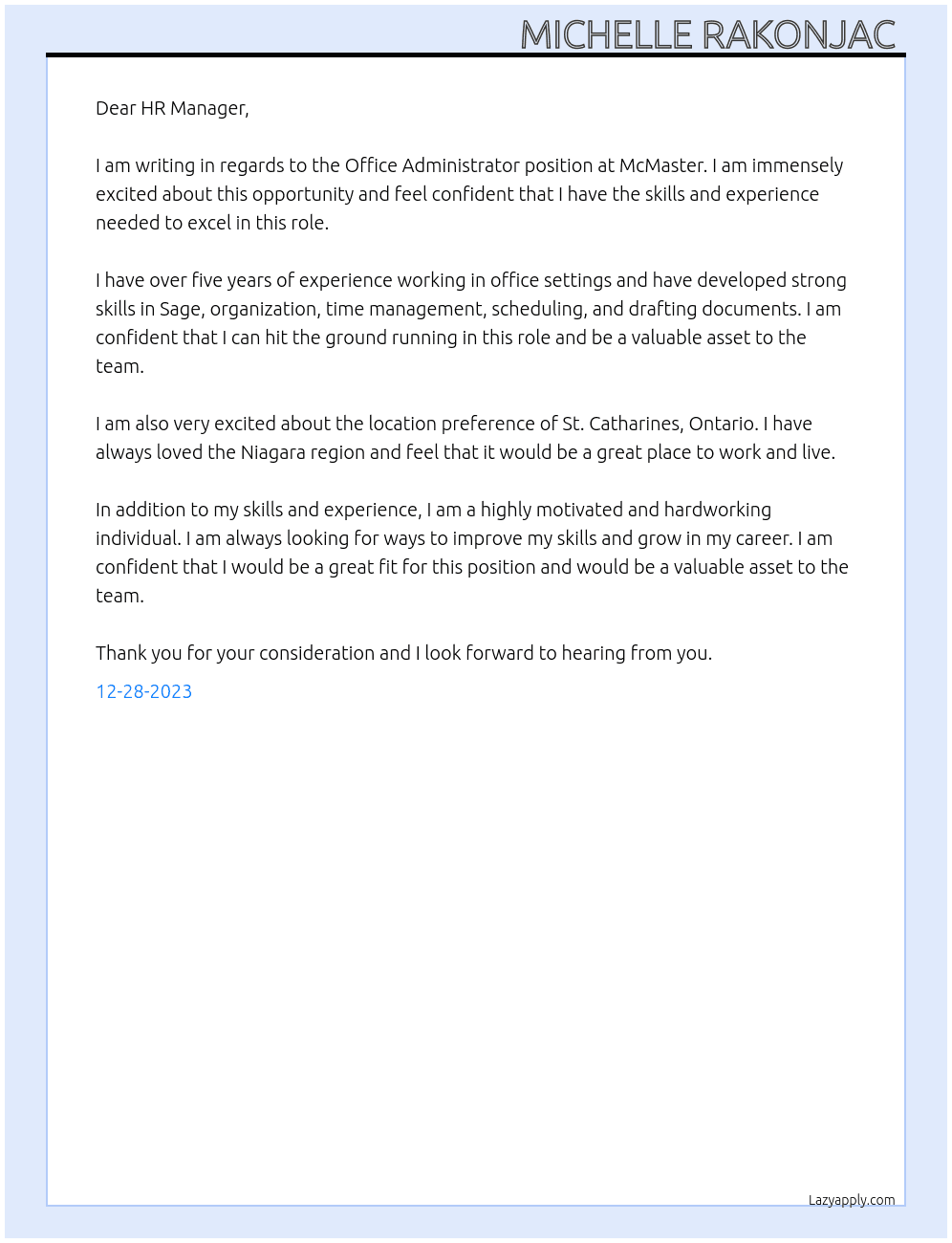 Office Administrator At McMaster  Cover Letter