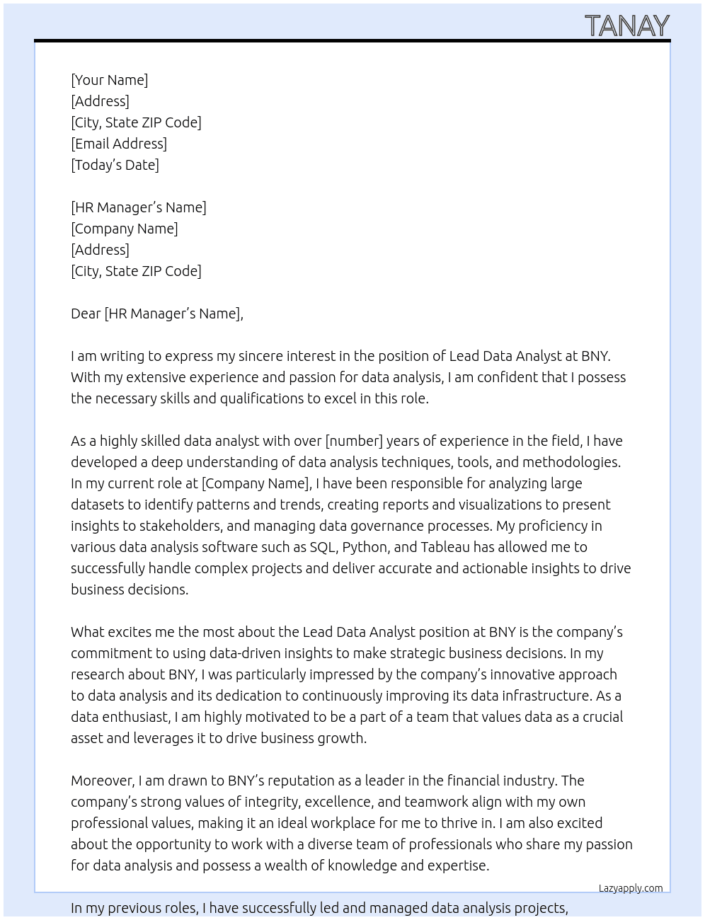 Lead data analyst At BNY Cover Letter