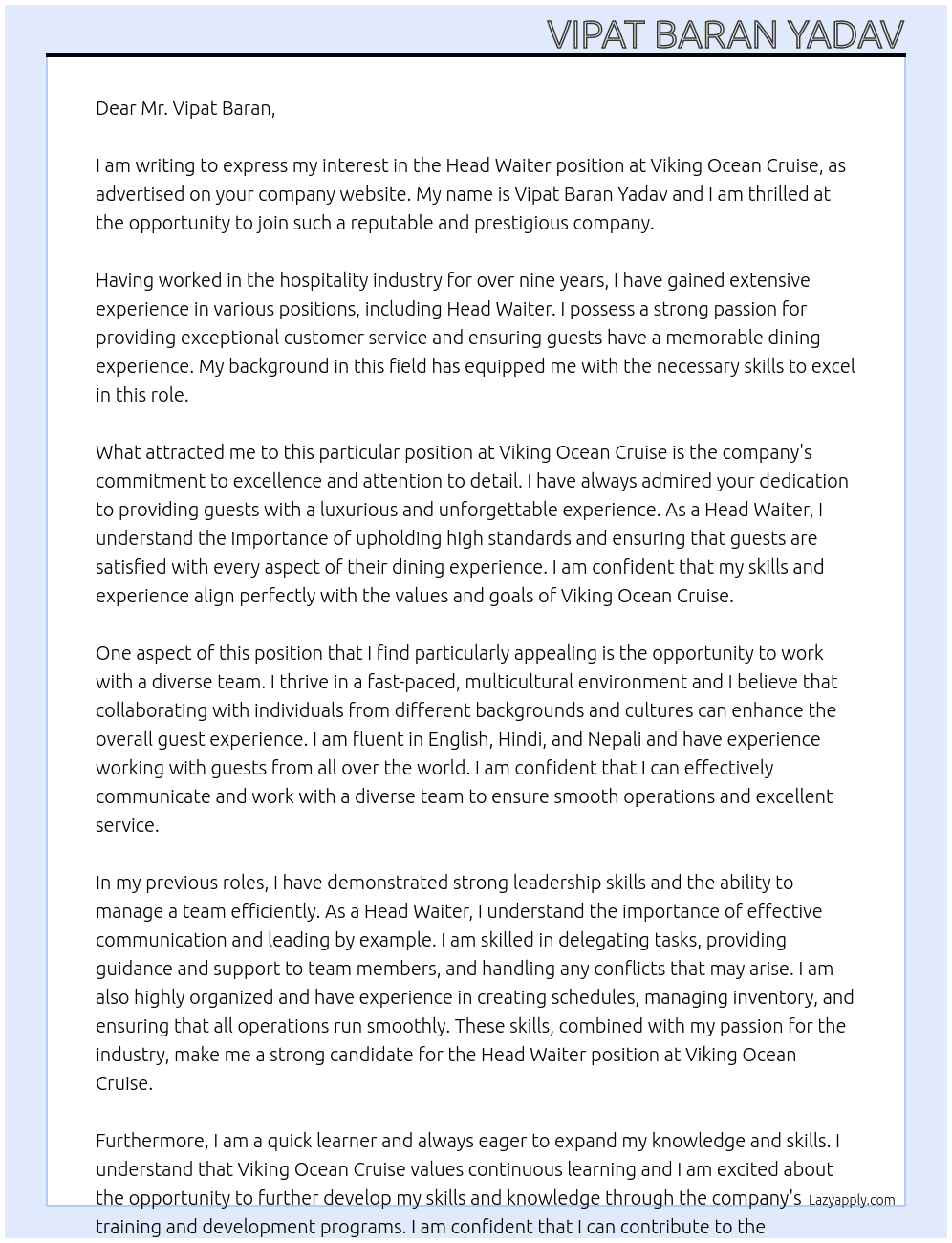 head waiter At viking ocean cruise Cover Letter