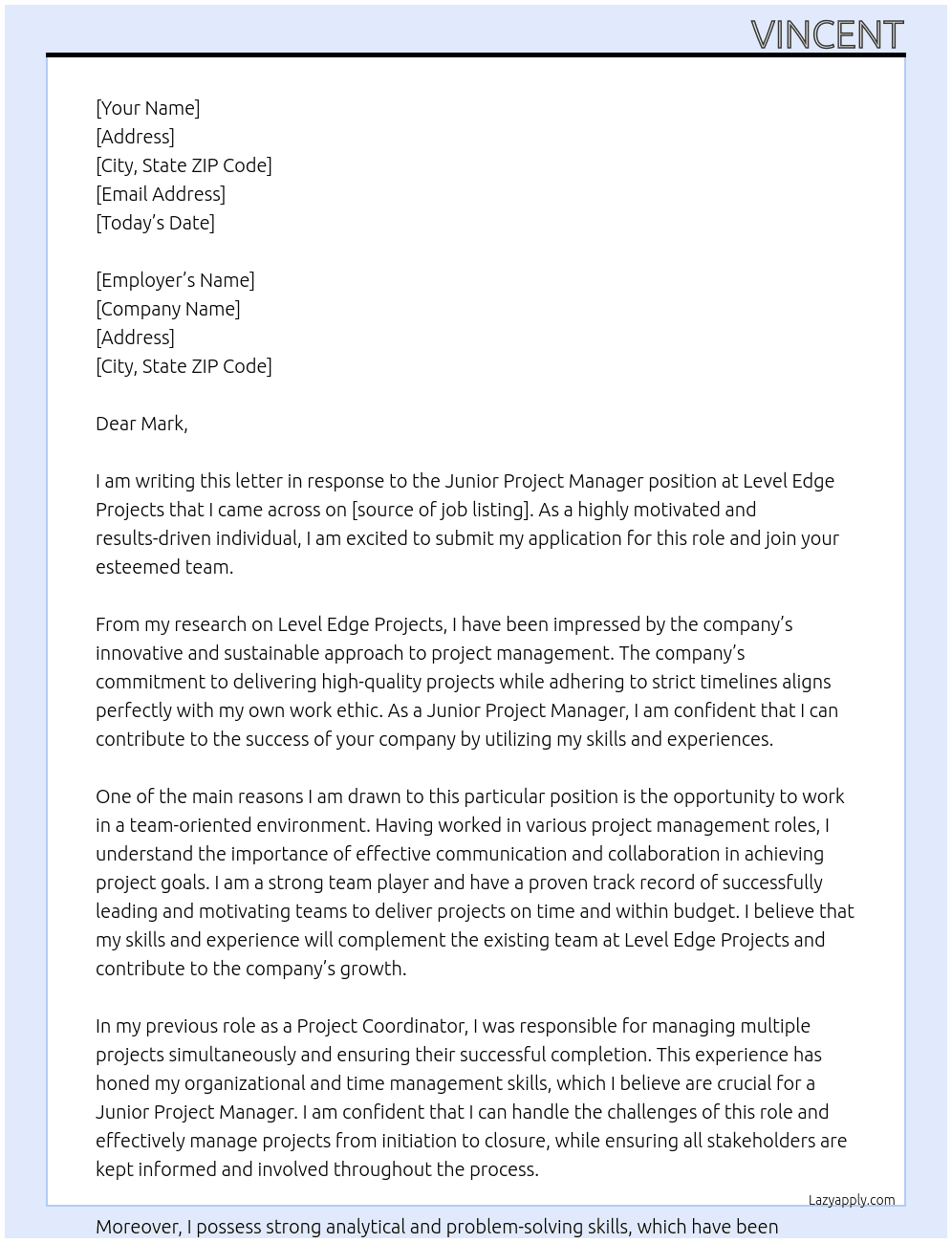 Junior Project Manager At Level Edge Projects Cover Letter