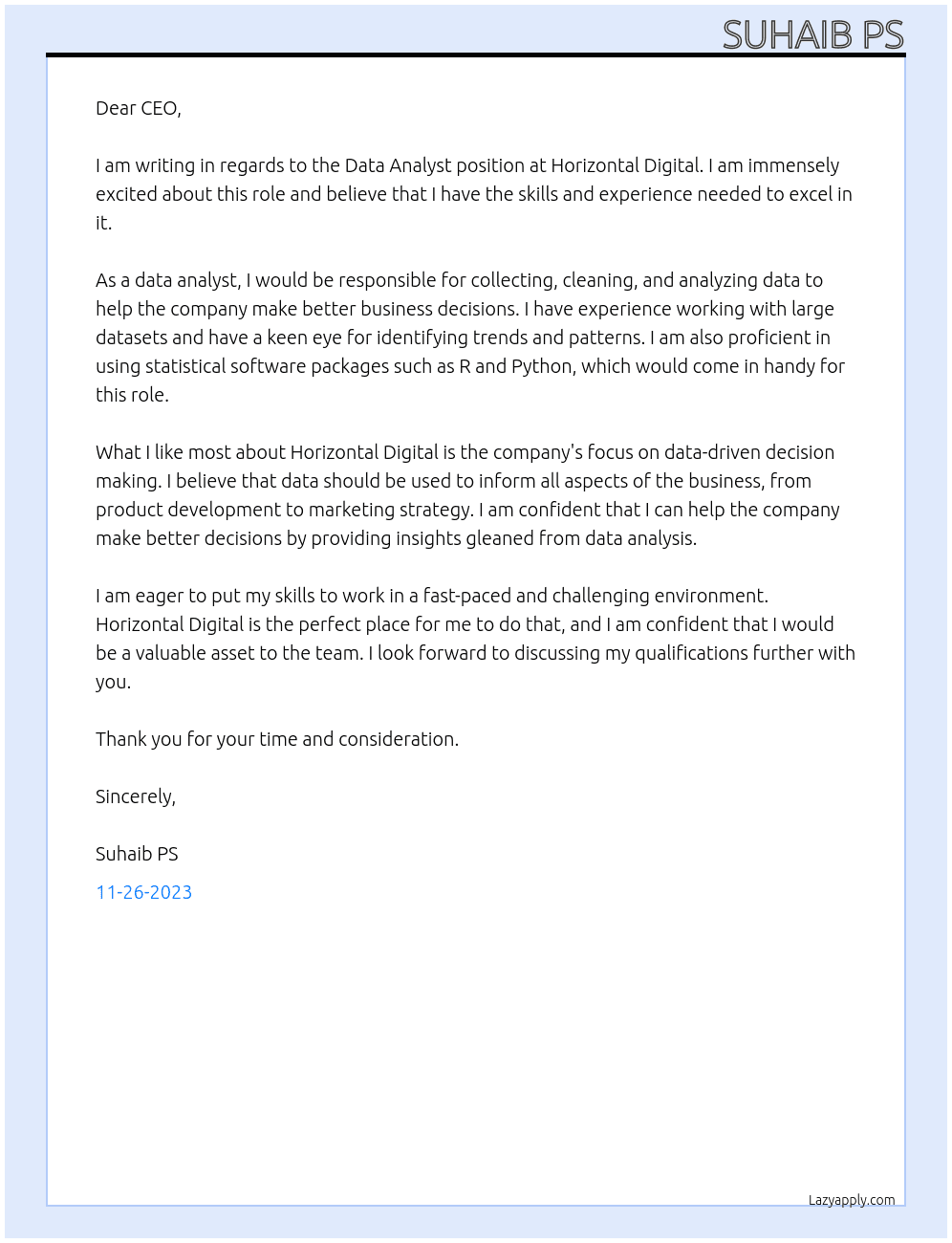 Data analyst  At Horizontal Digital  Cover Letter