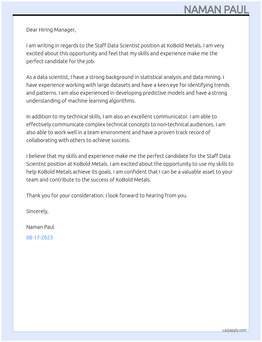 Staff Data Scientist At KoBold Metals Cover Letter