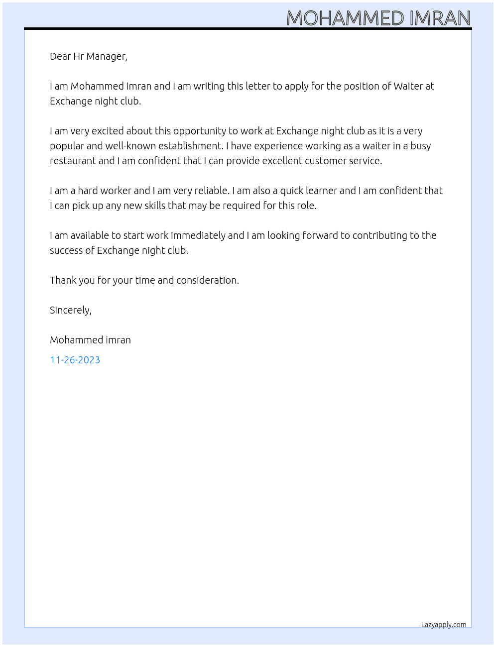 Waiter At Exchange night club Cover Letter