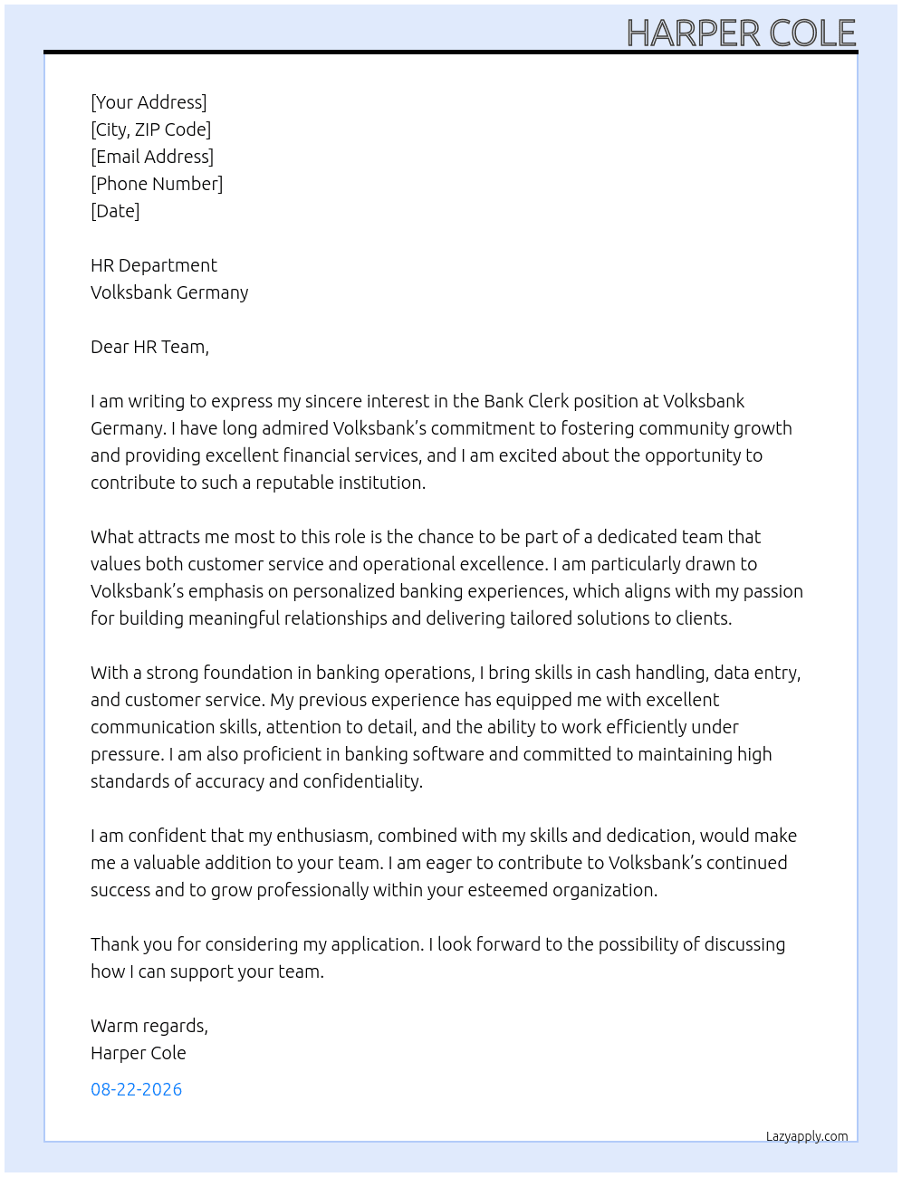 Cover letter for bank clerk - LazyApply