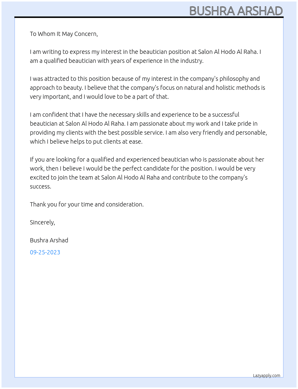 Beautician At Salon al hodo al raha Cover Letter