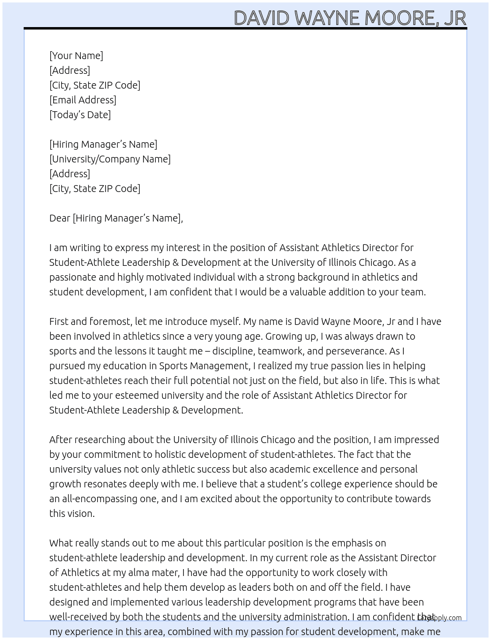 Assistant Athletics Director for Student-Athlete Leadership & Development- Intercollegiate Athletics  At University of Illinois Chicago Cover Letter