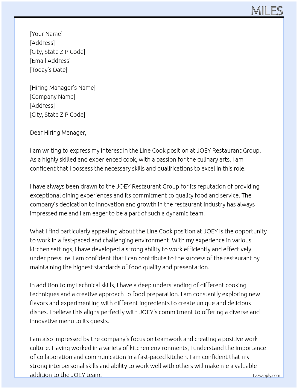 line cook At JOEY Restaurant group Cover Letter