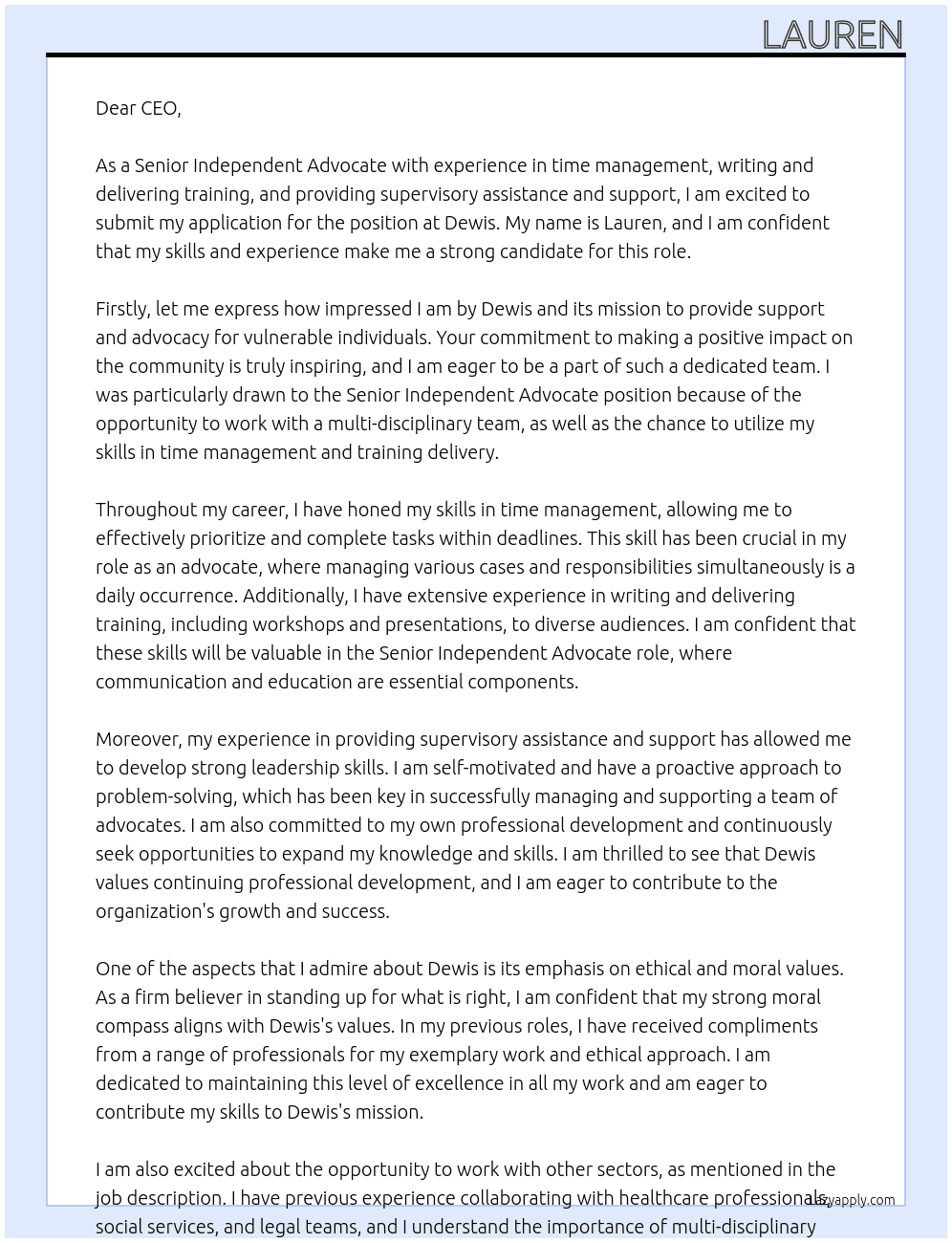 Senior Independent Advocate At Dewis Cover Letter