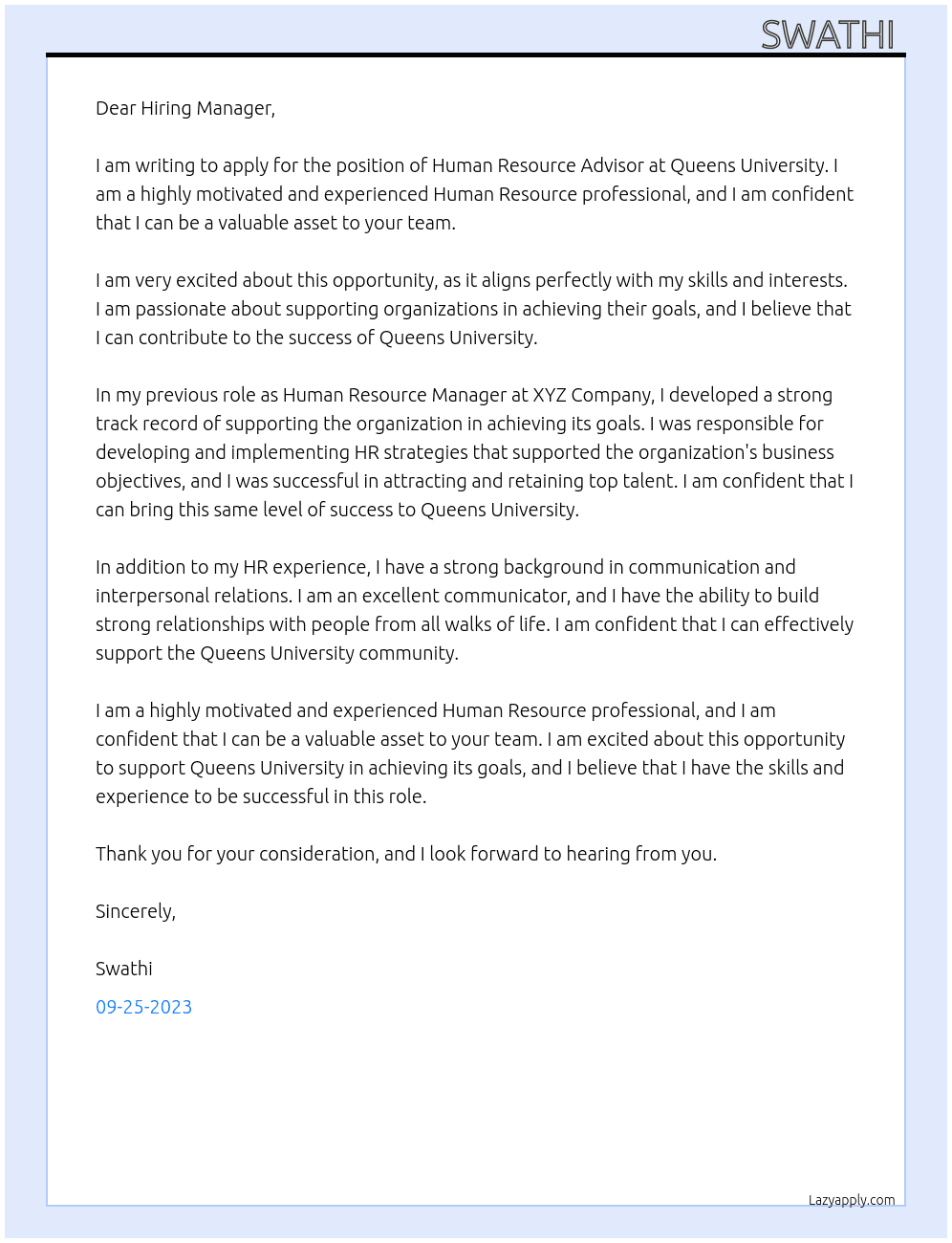 Human Resource Advisor  At Queens University  Cover Letter