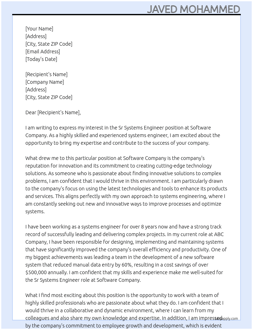 Sr Systems Engineer At Software Company Cover Letter