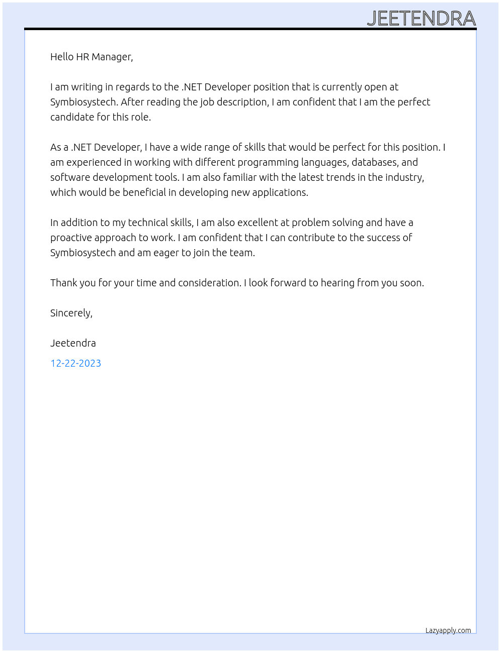 .NET Developer At Symbiosystech Cover Letter
