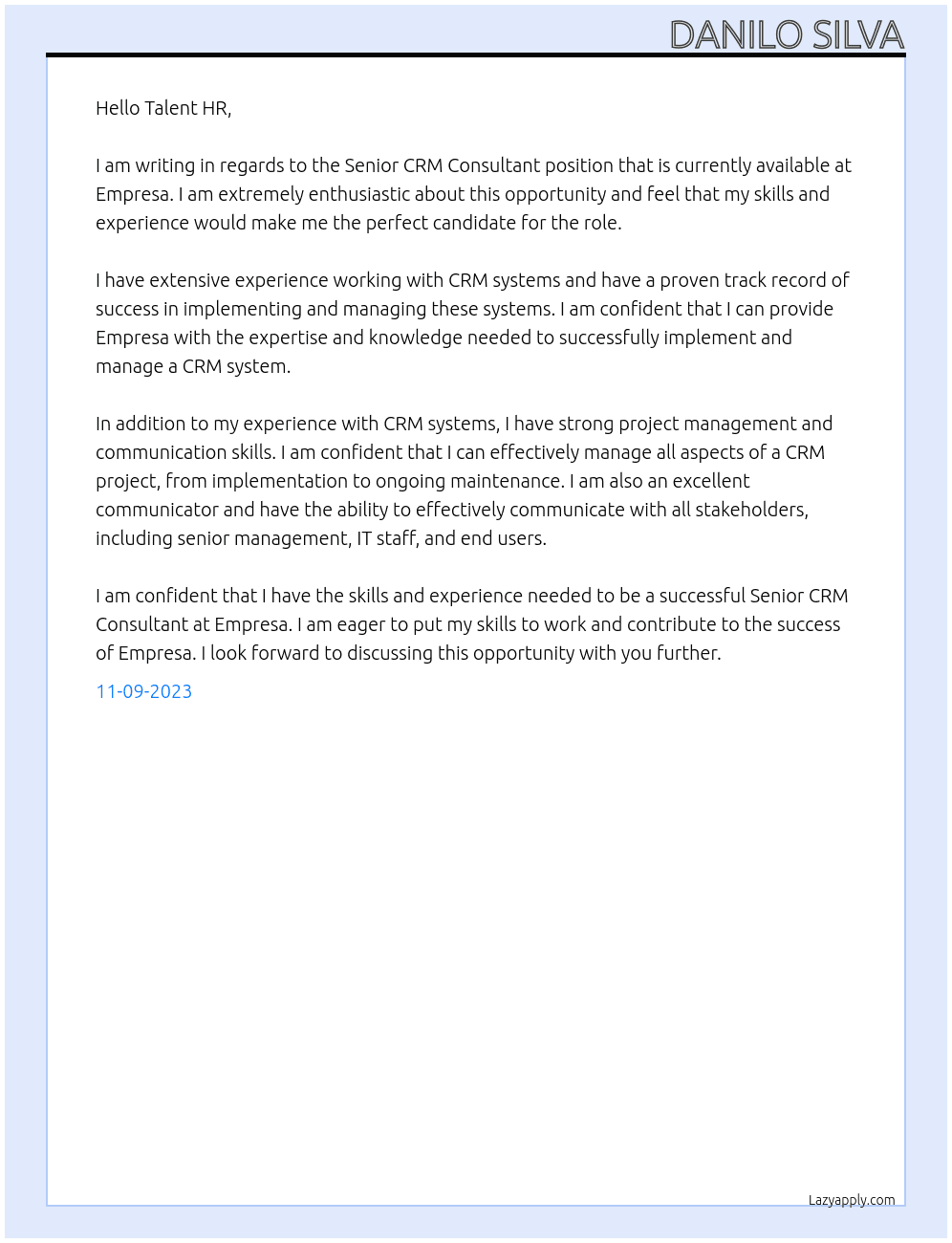 Senior CRM Consultant At Empresa Cover Letter