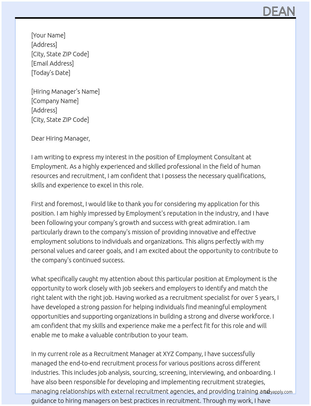Employment Consultant  At Employment  Cover Letter