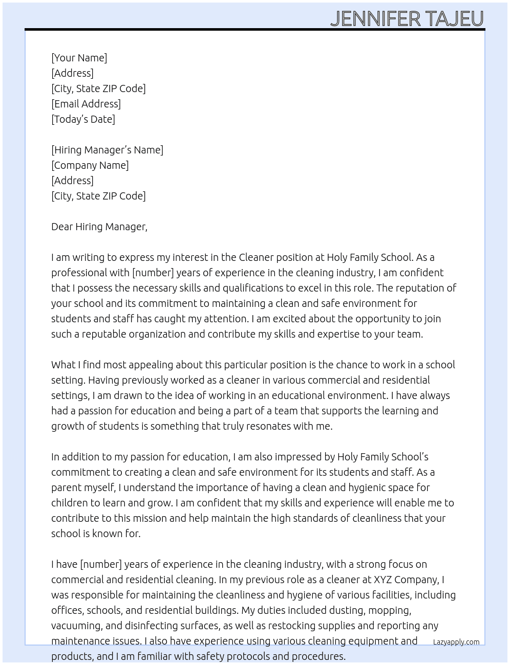 CLEANER At HOLY FAMILY SCHOOL Cover Letter