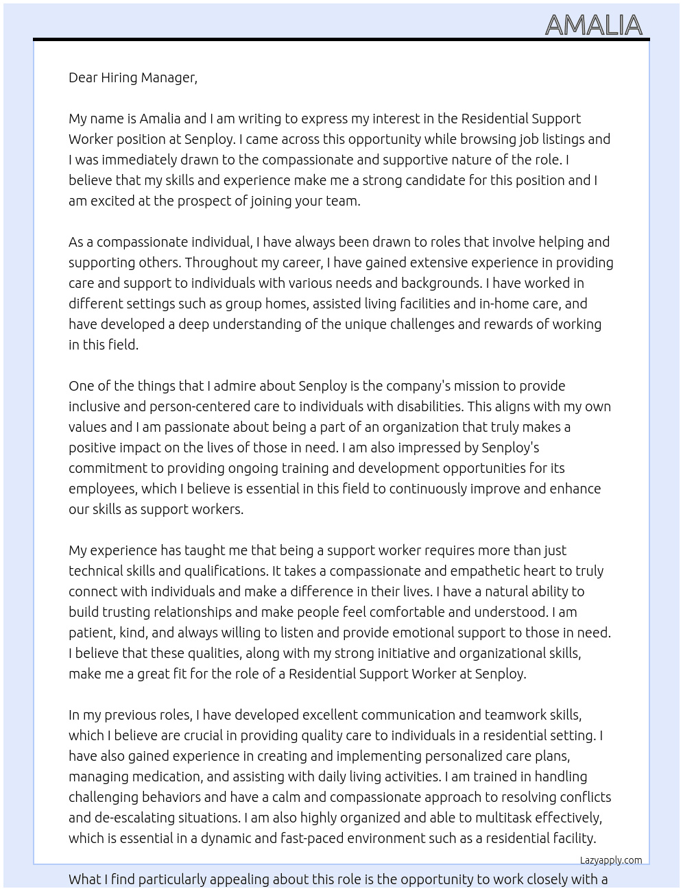 Residential support worker At Senploy Cover Letter