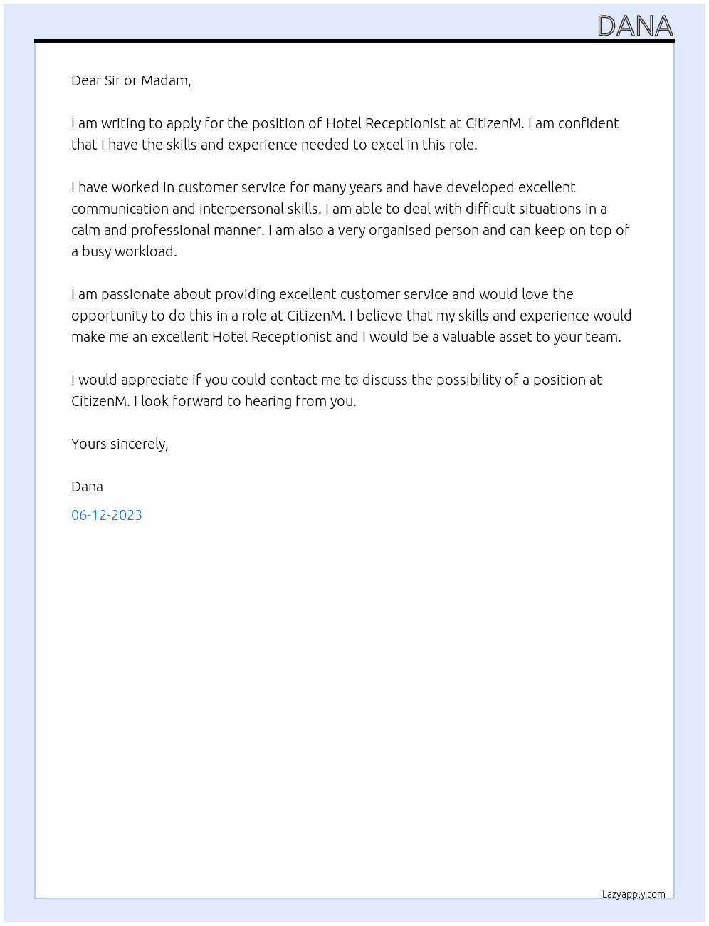 Hotel receptionist At CitizenM Cover Letter