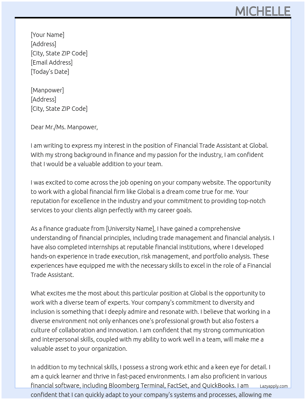 Financial Trade Assistant At Global Cover Letter