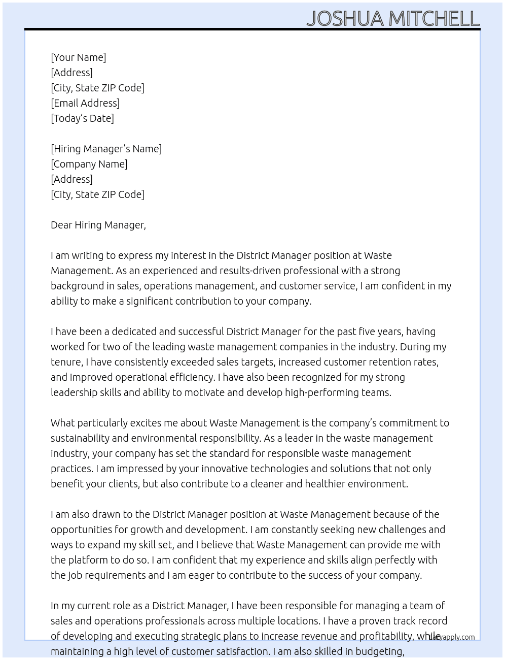 District Manager At Waste Management Cover Letter