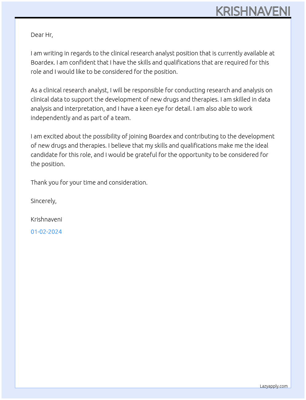 Clinical research analyst At Boardex Cover Letter