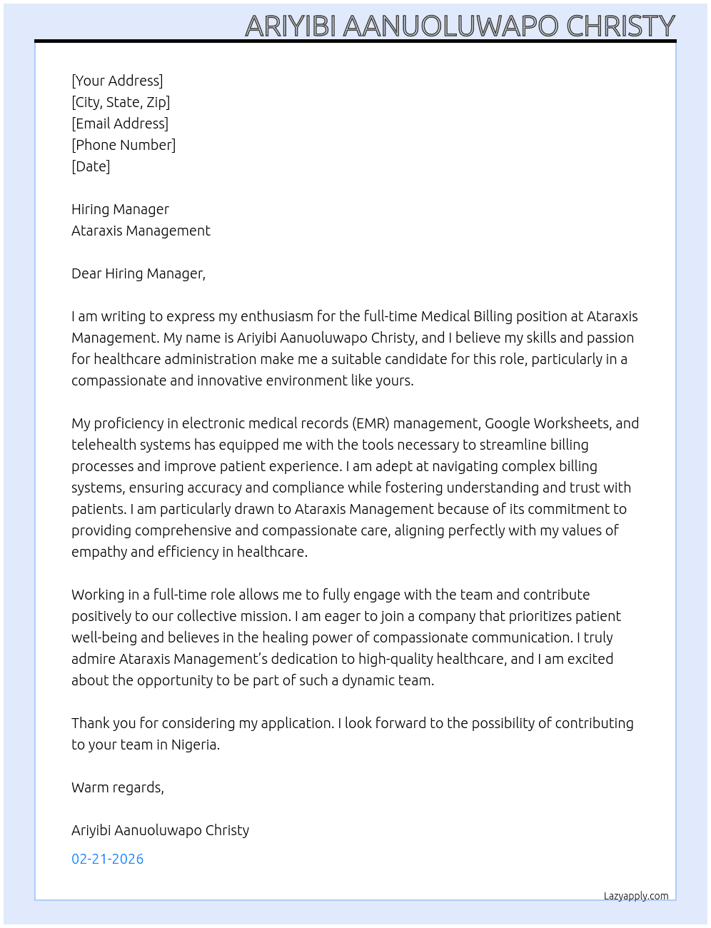 medical biling At ataraxis mgmt Cover Letter