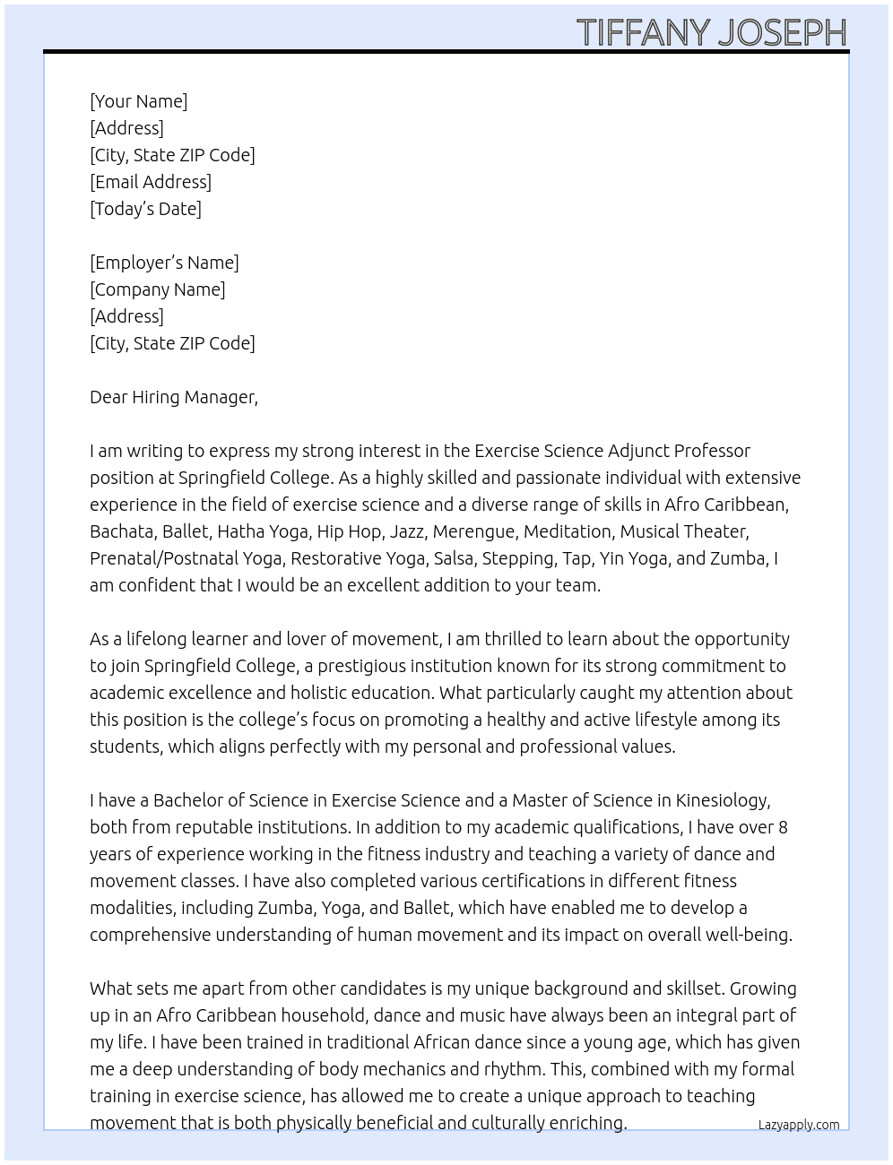 Exercise Science Adjunct Professor  At Springfield college  Cover Letter