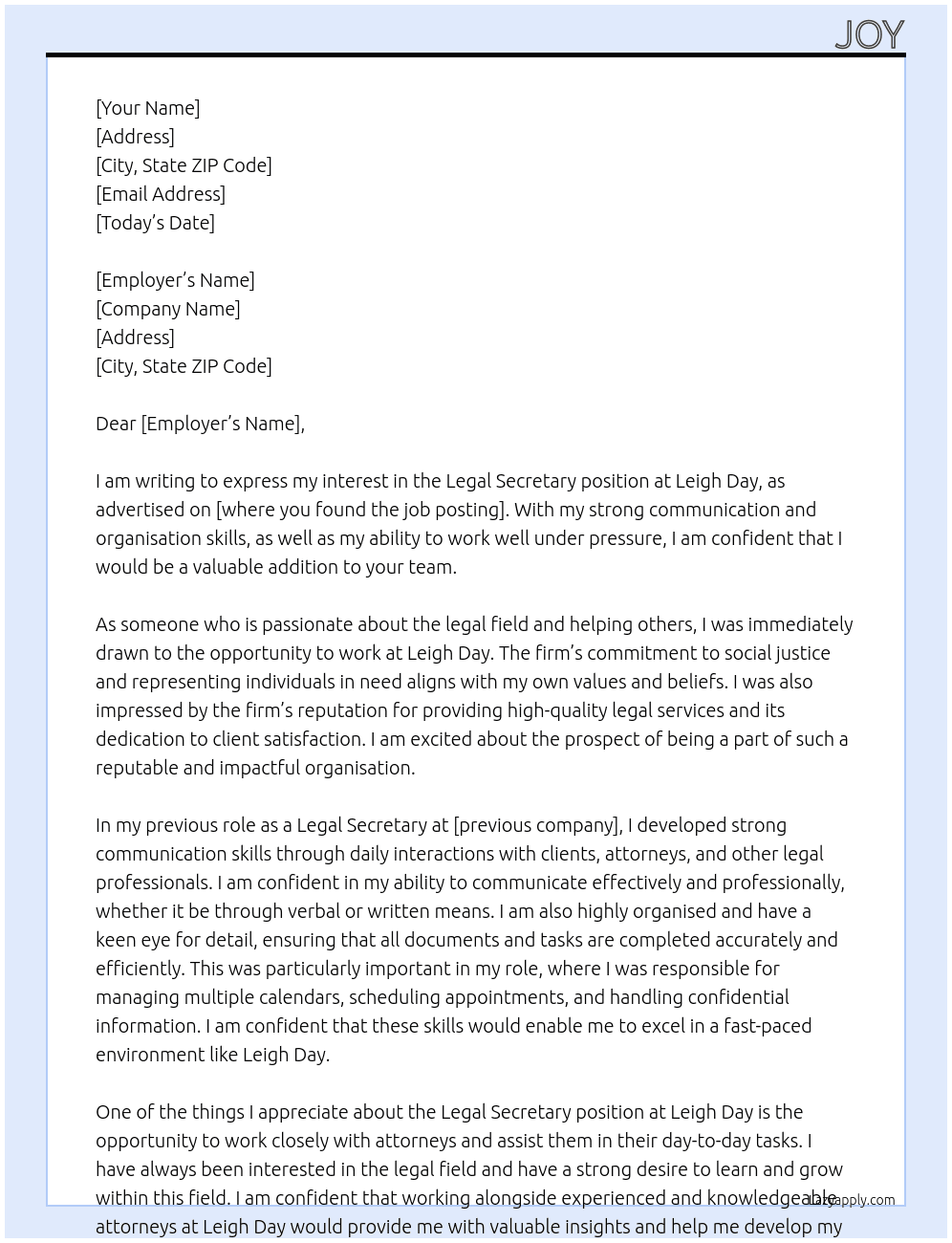Legal secretary  At Leigh Day Cover Letter