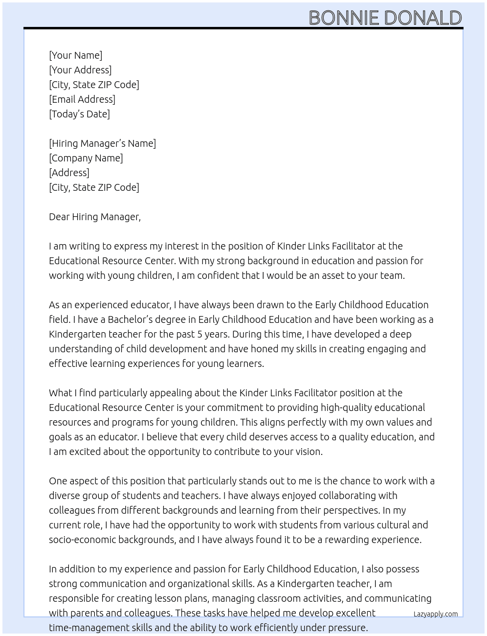 	Kinder Links Facilitator At Educational Resource Center Cover Letter