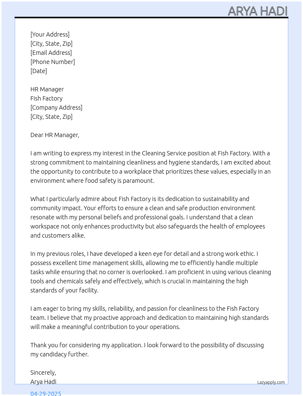 Cleaning service At Fish Factory Cover Letter
