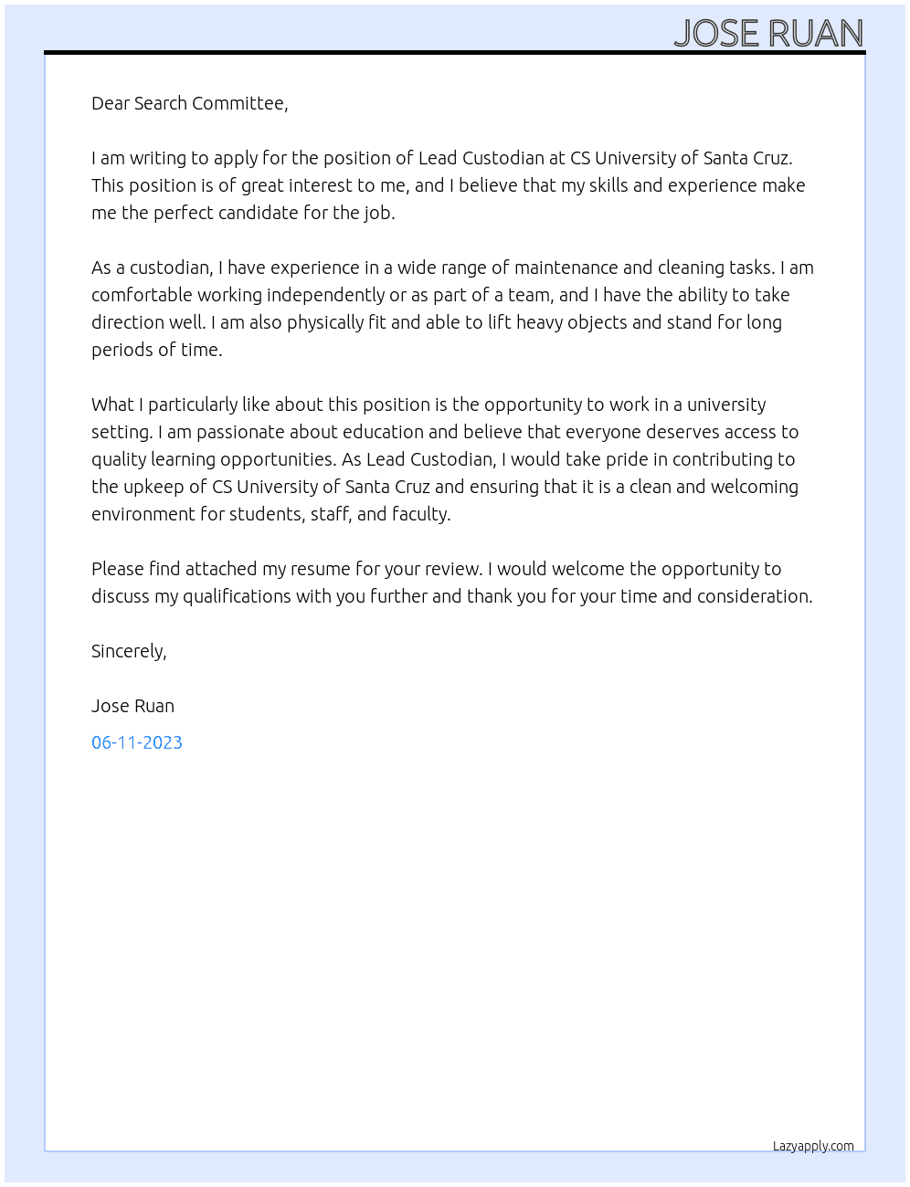 Lead Custodian  At CS University of Santa Cruz Cover Letter