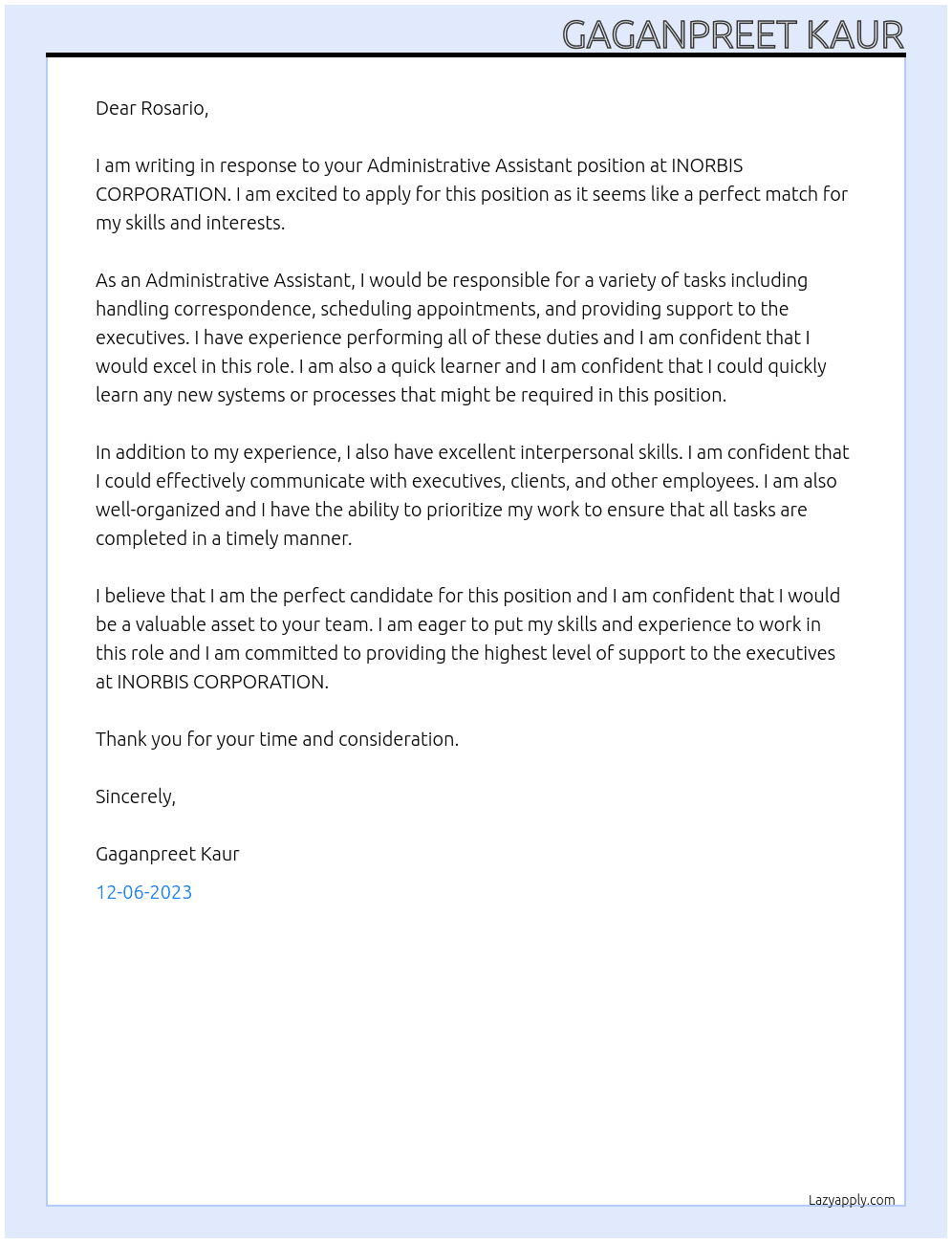 Administrative Assistant  At INORBIS CORPORATION Cover Letter