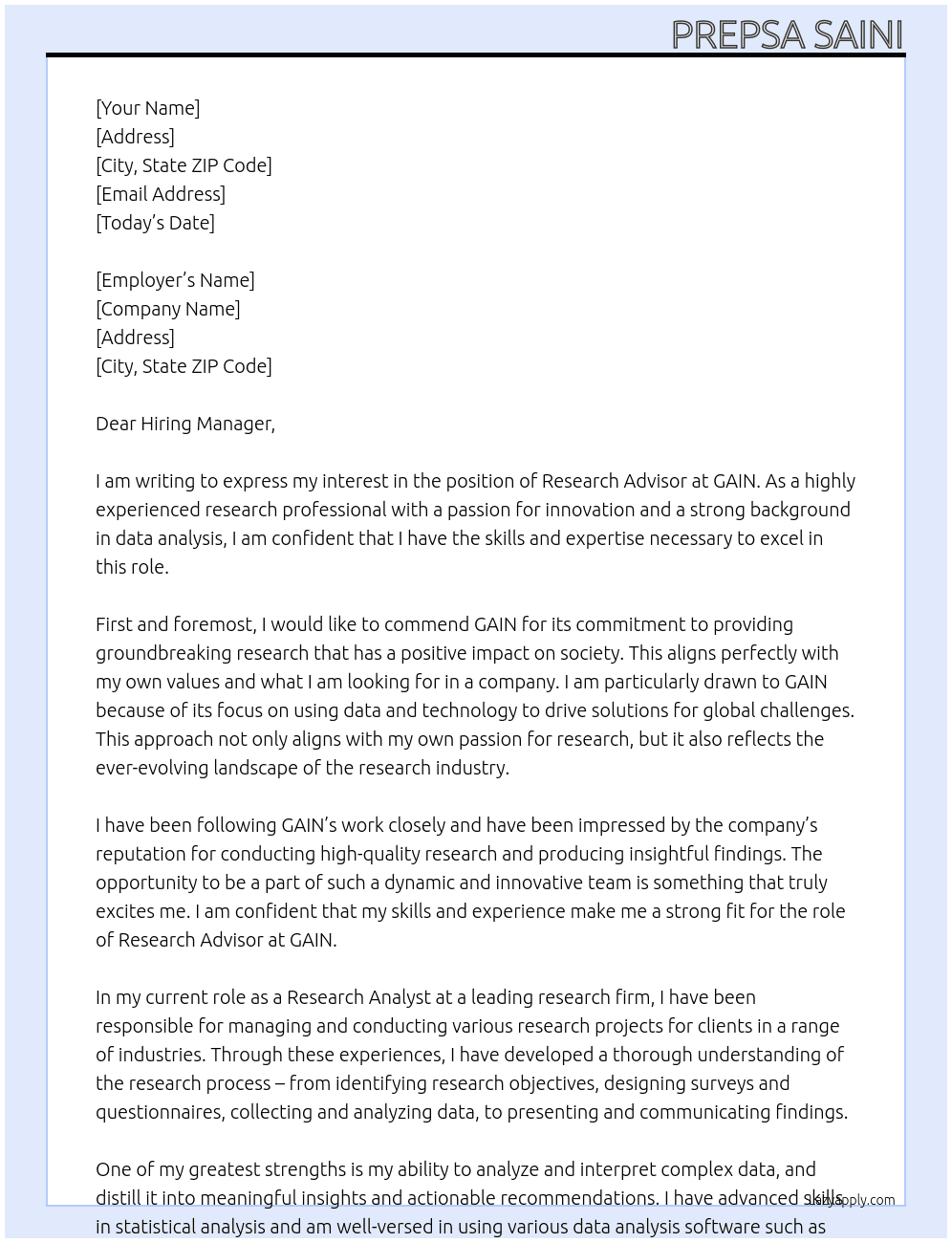 Research Advisor At GAIN Cover Letter