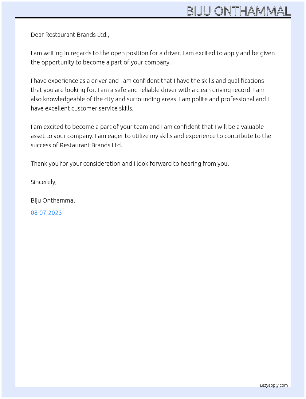 DRIVER At Restaurant Brands Ltd Cover Letter