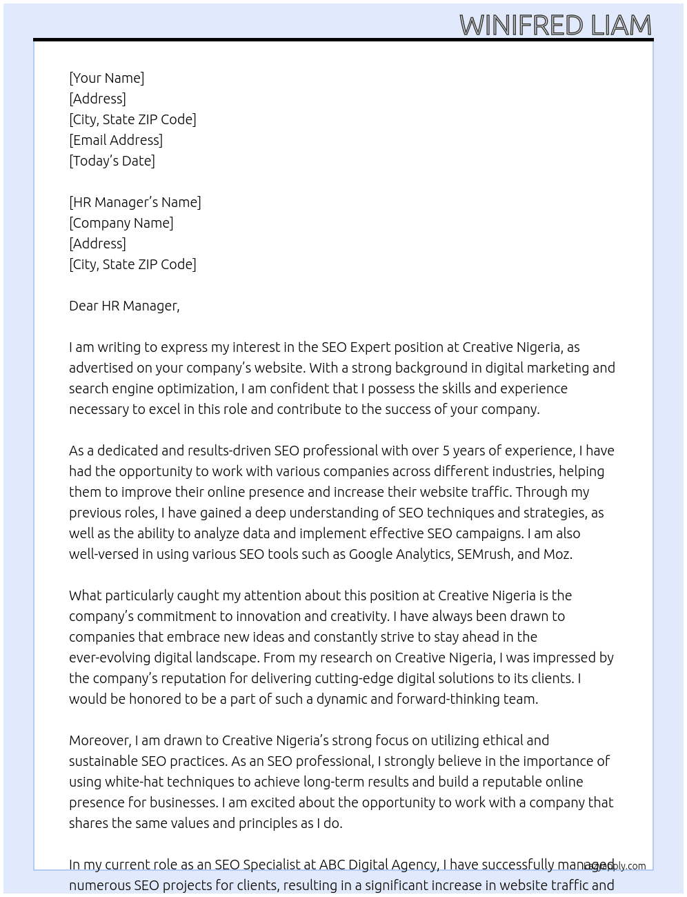 SEO Expert  At Creative Nigeria  Cover Letter