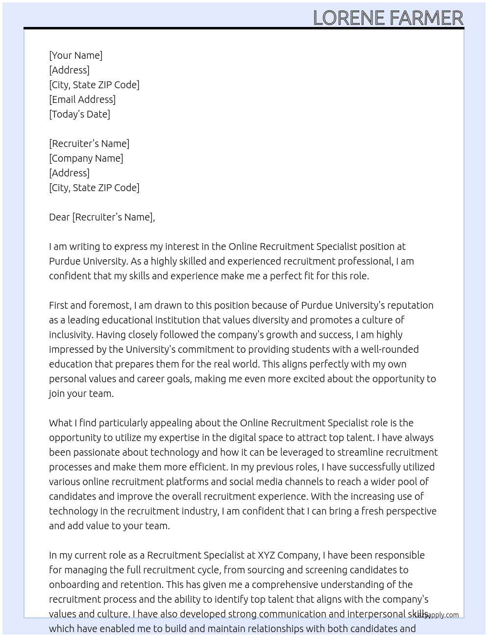 Online Recruitment Specialist At Purdue University Cover Letter