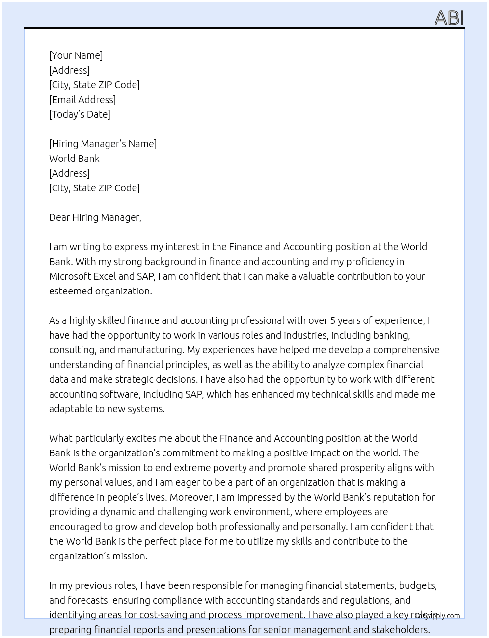 Finance and accounting At World bank Cover Letter