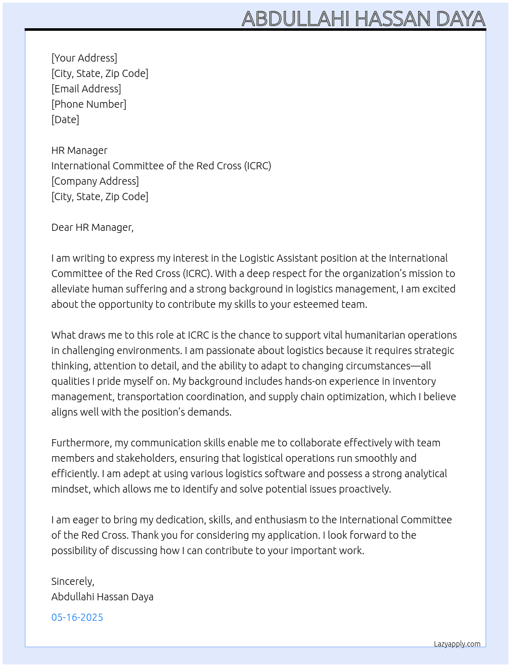 Cover letter for logistic assistant - LazyApply