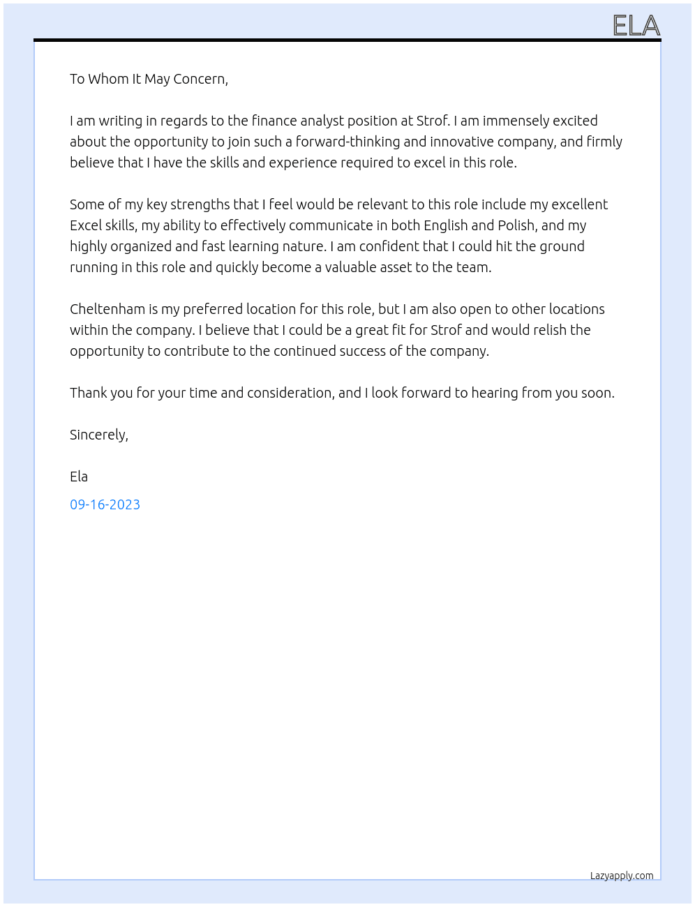 Finance analyst At Strof Cover Letter