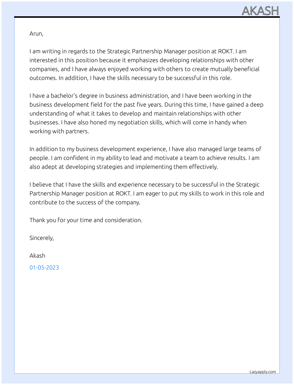 Strategic Partnership Manager At ROKT Cover Letter
