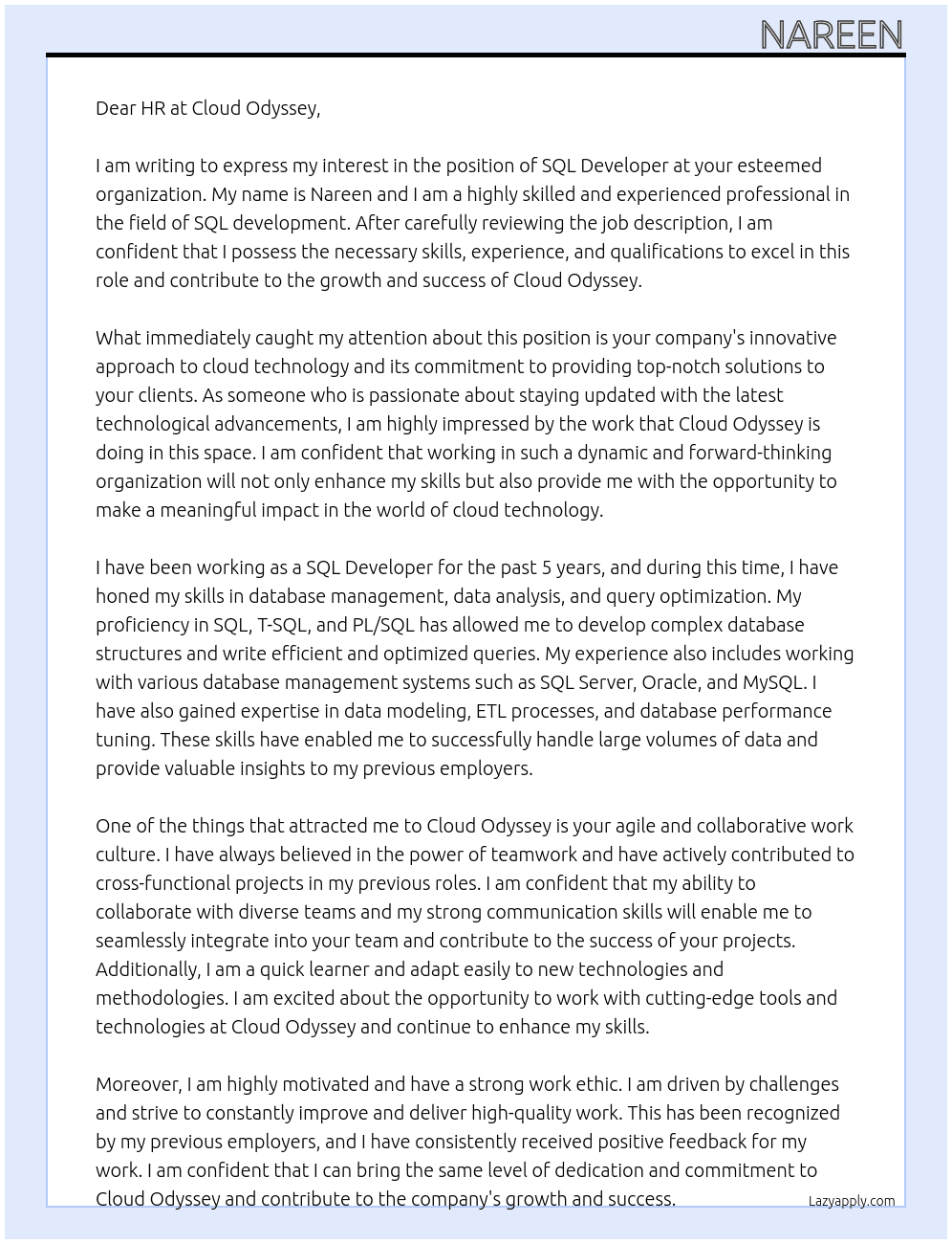 Sql Developer At Cloud Odussey Cover Letter