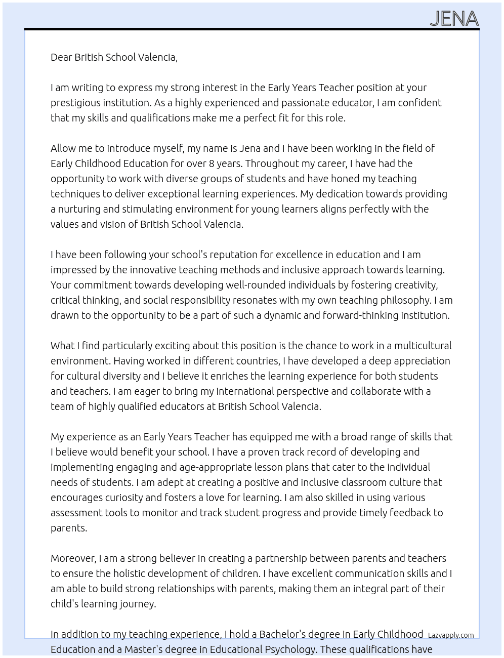 early years teacher At British school valencia Cover Letter