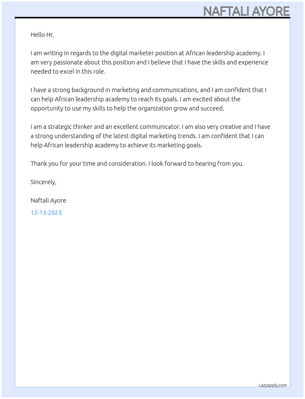 Digital marketer  At African leadership academy Cover Letter