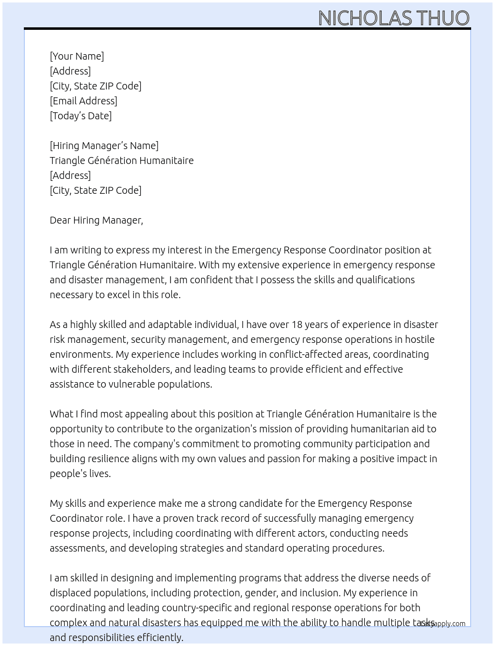 Emergency Response Coordinator At Triangle Génération Humanitaire Cover Letter