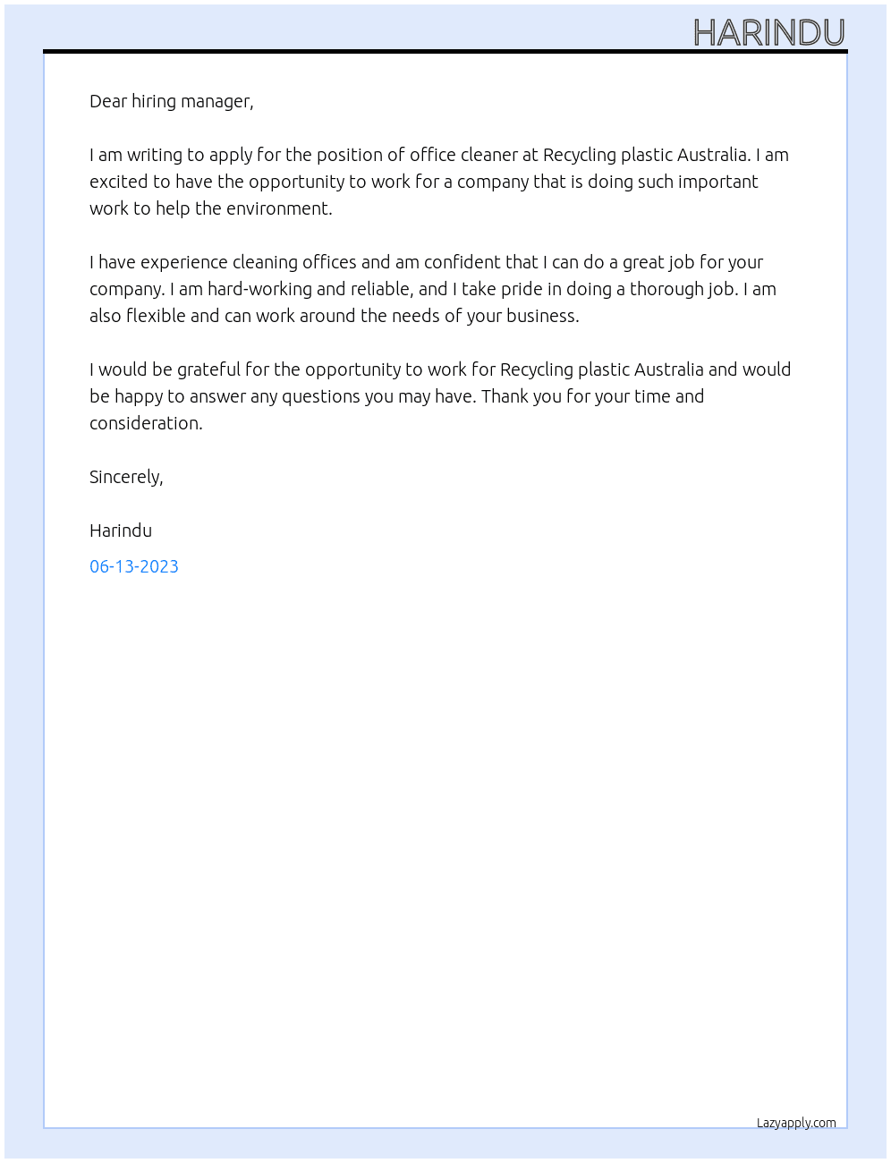 Office cleaner At Recycling plastic Australia  Cover Letter