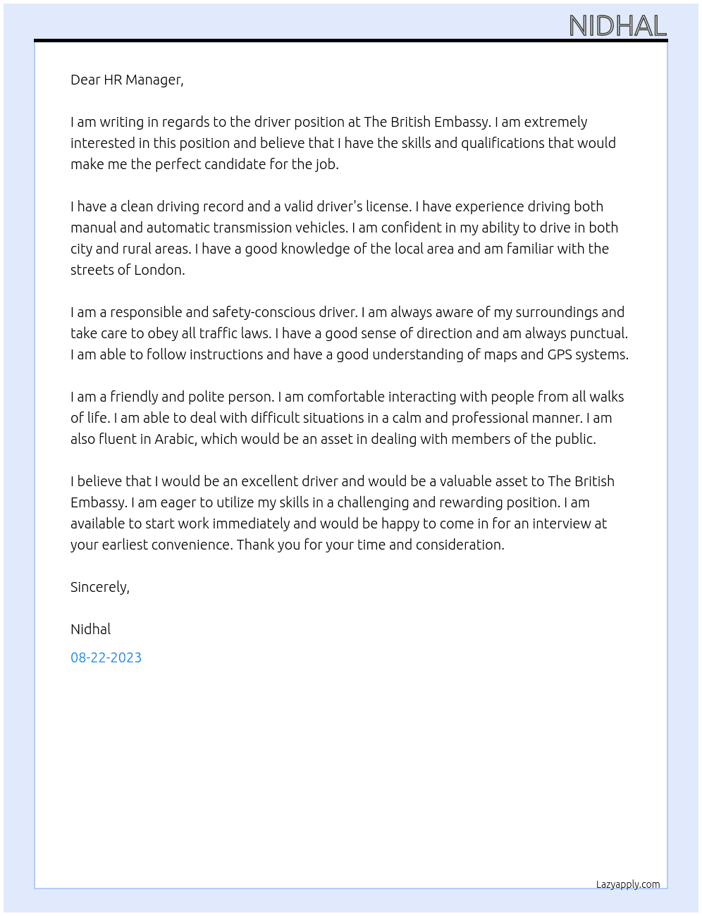 Driver At The British Embassy Cover Letter