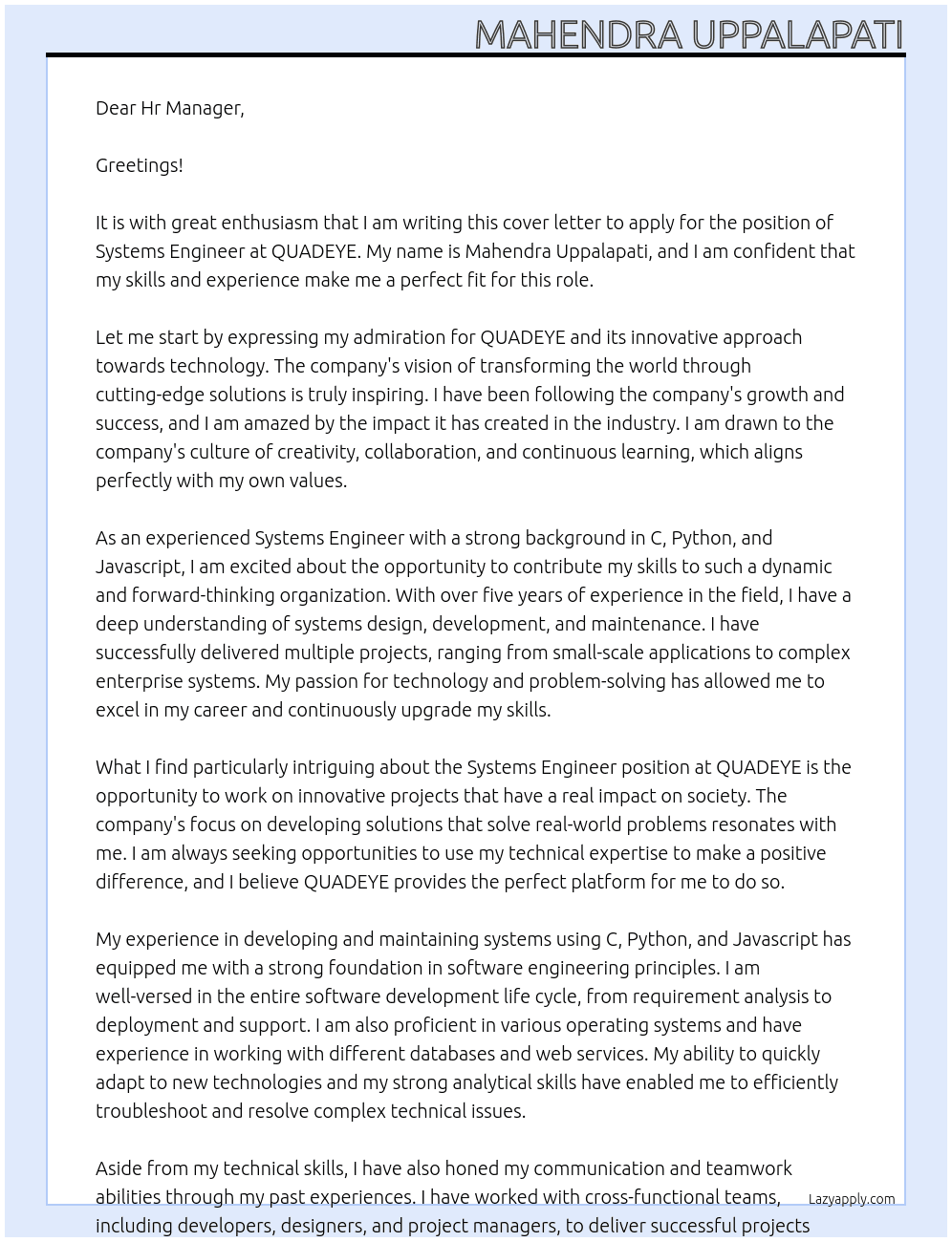 SYSTEMS ENGINEER At QUADEYE Cover Letter