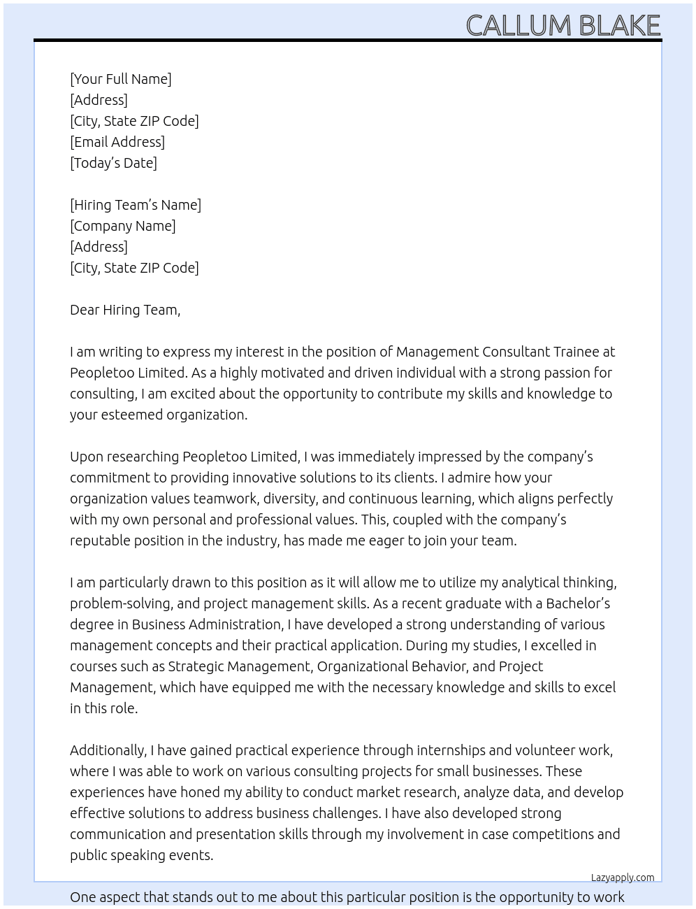 Management Consultant Trainee At Peopletoo Limited Cover Letter